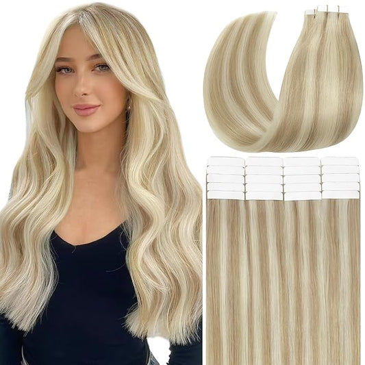 Anrosa 22 Inch Tape in Hair Extensions Human Hair Silky Blonde Human Hair Extensions Double Sided Tape Extensions Human Hair Semless Ash Blonde Highlighted Bleach Blonde 50g/20pcs