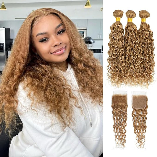 BQRIH #27 Honey Blonde Water Wave Bundles with 4x4 Closure Pre Plucked Human Hair 18 20 22+16, 12A Virgin Brazilian Curly Weaves Soft Bouncy Wet n Wavy Colored 3 Bundles with Transparent Lace Closure