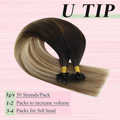 YoungSee U Tip Human Hair Extensions Balayage Utip Hair Extensions Human Hair Brown with Blonde Balayage K Tip Hair Extensions Real Human Hair Ombre for Long Hair Extensions U Tips 24In 50s/50g