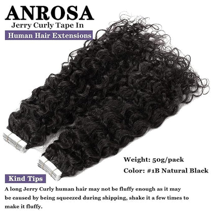 Anrosa Jerry Curly Tape in Hair Extensions Human Hair Black Women Skin Weft 22Inch Tape in Hair Extensions Human Hair Kinky Curly Double Sided invisible Natural Black Kinky Curly Tape ins 20 Pcs 50g