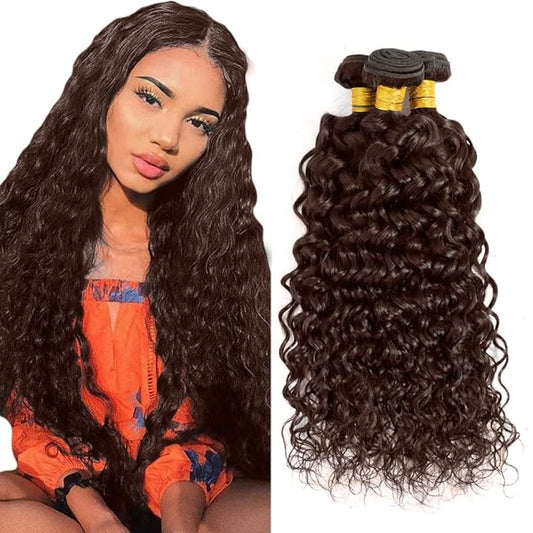 #4 Brown Bundles Human Hair Water Wave Bundles 14 14 14 Inch Human Hair Weave 3 Bundle Unprocessed Brazilian Virgin Hair Chocolate Brown Deep Curly Human Hair Extensions 50 Grams/Bundle