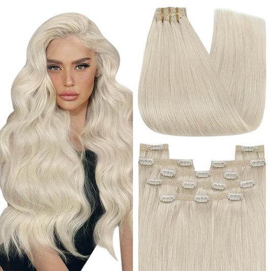 YoungSee Clip on Hair Extensions Blonde Clip in Hair Extensions Human Hair Platinum Blonde Double Weft Lace Real Human Hair Extensions 22In 120G 7Pcs