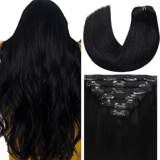 Loxxy Clip in Hair Extensions New Version Thickened Double Weft Brazilian Human Hair Thick Silky Straight Clip in Human Hair Extensions 20 Inch Jet Black #1 140g 7 pcs 16 Clips