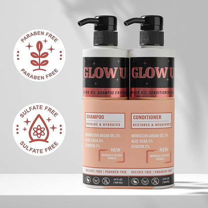 GLOW UP by Nurse Harvey's - Argan Oil Shampoo & Conditioner Set with Keratin & Aloe Vera, 14 fl oz Each – Repairs, Hydrates, Restores Shine – Sulfate Free, Paraben Free, Vegan & Cruelty Free