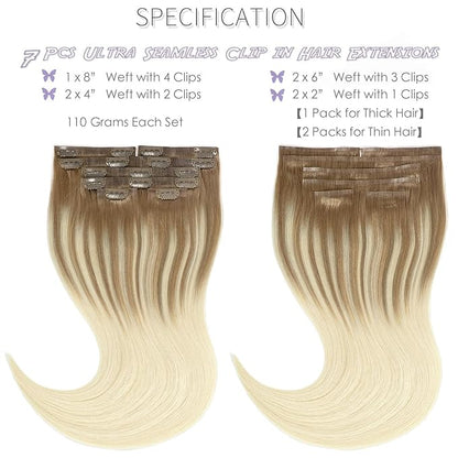 Lacer Hair Extensions Clip in Human Hair 16inch Light Brown Fading to Platinum Blonde 100% Human Hair Clip in Hair Extensions 7pcs 110g with 16 Clips Real Remy Human Hair