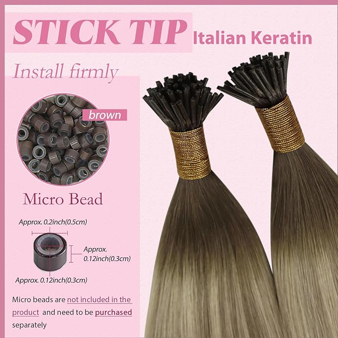 YoungSee I Tips Hair Extensions Ombre Itips Hair Extensions Human Hair Ombre Dark Brown to Light Brown with Blonde Tip Extensions Balayage 20In Keratin Hair Extensions Volume-Adding 50s 50g