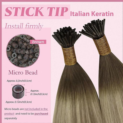 YoungSee I Tips Hair Extensions Ombre Itips Hair Extensions Human Hair Ombre Dark Brown to Light Brown with Blonde Tip Extensions Balayage 20In Keratin Hair Extensions Volume-Adding 50s 50g