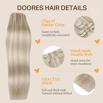 DOORES Clip in Hair Extensions Real Human Hair, Soft Honey Blonde Highlight Platinum Blonde 18 Inch 120g 7pcs, Remy Extensions Clip ins Silky Straight Thick Weft