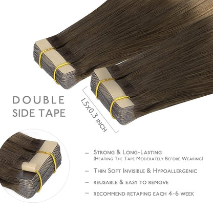 WENNALIFE Tape in Hair Extensions Human Hair, 20pcs 60g 26 inch Ombre Walnut Brown to Ash Brown and Bleach Blonde Remy Hair Extensions Straight Human Hair Tape in Extensions Skin Weft Tape Extensions