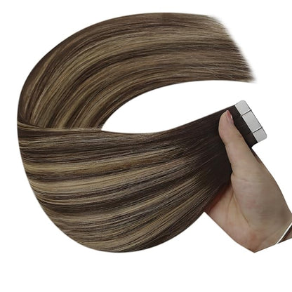 YoungSee Tape in Hair Extensions Real Human Hair Brown Balayage Tape Hair Extensions Real Human Hair Ombre Dark Brown to Caramel Blonde Real Hair Tape in Extensions Human Hair Seamless 14In 20pcs 50g