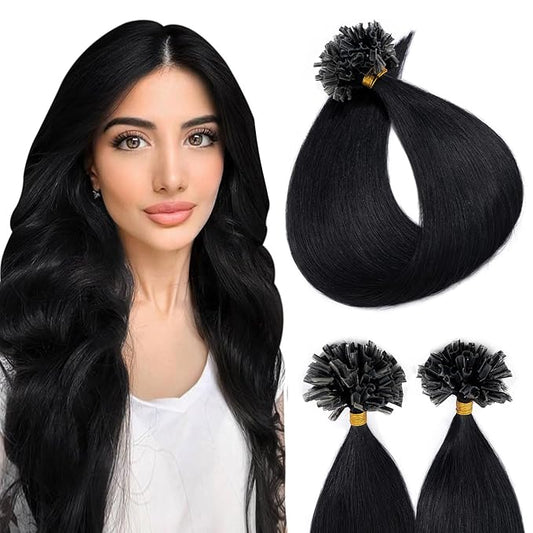 U Tip Hair Extensions Human Hair Pre Bonded Extensions Keratin Fusion Extensions K Tip Hair Extensions Real Human Hair Silky Straight Natural 50g/100 Stands 16" Jet Black