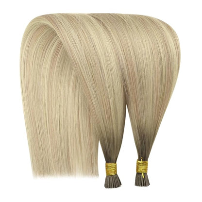 YoungSee Itip Human Hair Extensions Ombre Itips Hair Extensions Human Hair Balayage Blonde with Platinum Blonde Tip Extensions 22In 50g 50s Invisible Hair Extension I Tip Non Damaging Hair Extension