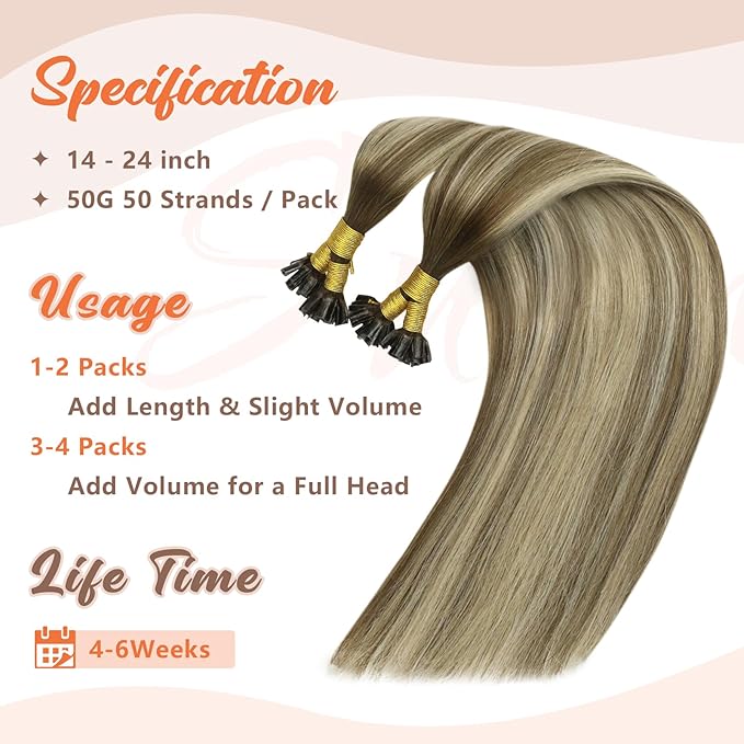 Sunny Hair U Tip Hair Extensions Human Hair Brown Ombre Keratin Hair Extensions Human Hair Dark Brown Balayage with Light Blonde K Tips Hair Extensions Real Human Hair Add Volume 14inch 50g