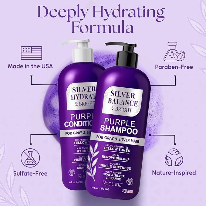 Sulfate Free Brass Toning Purple Shampoo and Conditioner Set for Gray, Blonde, Silver & White Hair – Neutralizes Brassy Tones, Boosts Brightness, Protects Color, Made in USA, 16 fl oz Each