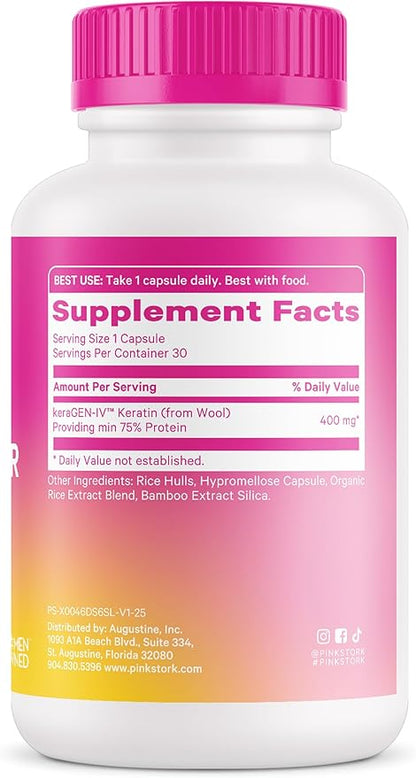 Pink Stork Keratin Hair Loss Supplement for Women - Clinically Studied KeraGEN-IV for Hair Care, Thinning, Shedding and Beauty - Hair Skin and Nails Support - Postpartum Hair Growth - 30 Capsules
