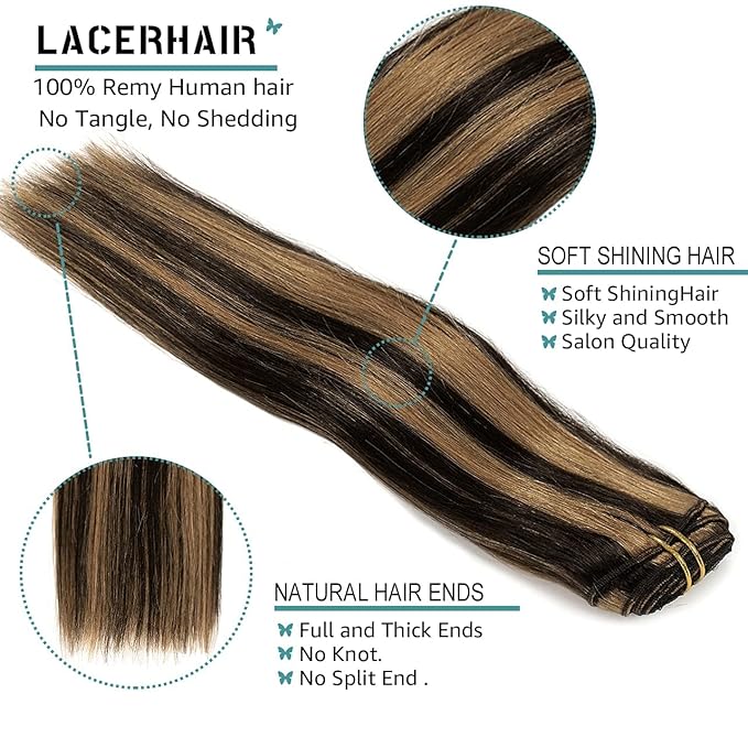 Lacer Remy Hair Clip in Extensions Human Hair Color P#1B/30 Auburn Brown Highlight Natural Black 20 Inch Invisible Human Hair Clip in Extensions Full Head 7pcs 140G