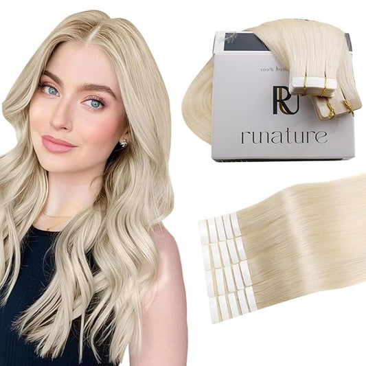 RUNATURE Tape in Hair Extensions Human Hiar Blonde Hair Extensions Tape Ins 28 Inch Long Tape in Extensions Human Hair Silky Remy Hair for Women 50g 20pcs #800 White Blonde
