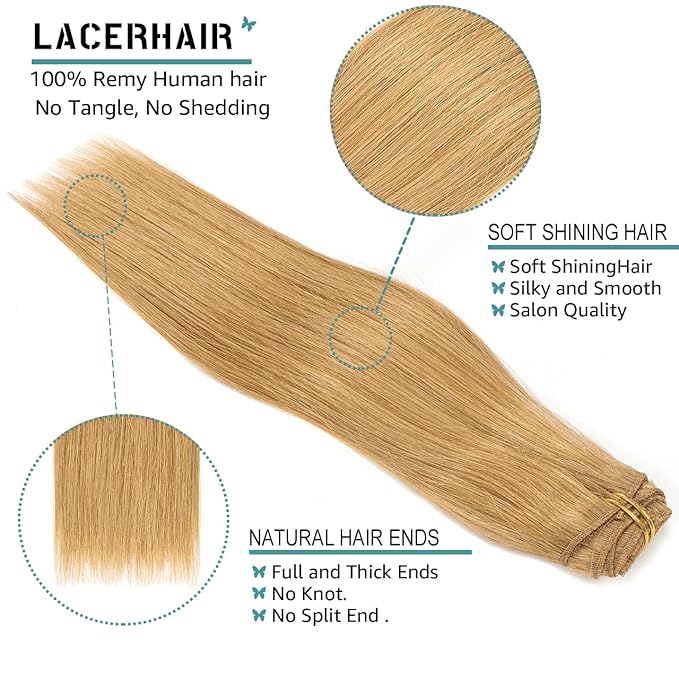 Lacer Hair Straight Hair Clip in Extensions Strawberry Blond 120g 7 Pieces Per Set Grade Quality Silky Straight Double Real Hair Extensions Clip in Human Hair Lace Weft Full Head 16 Inch
