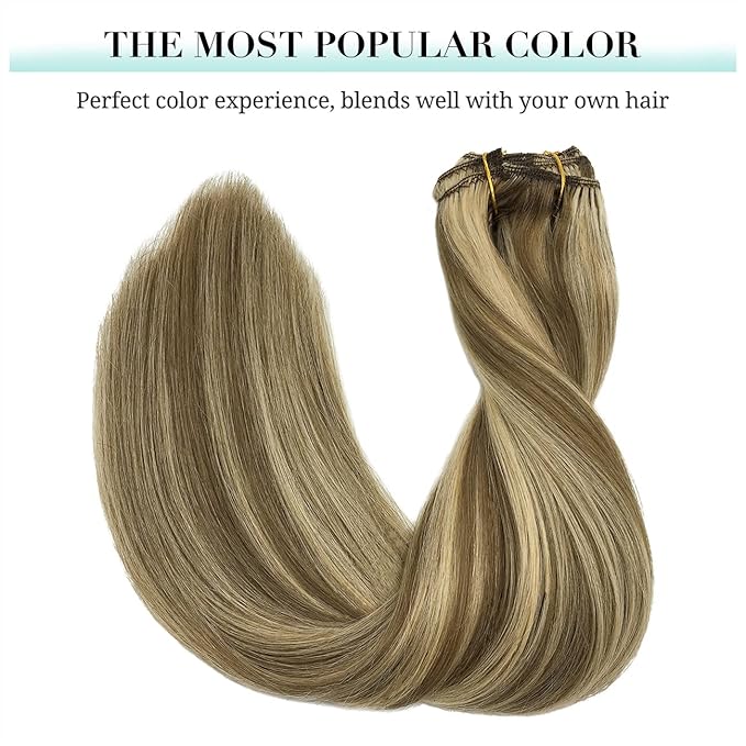 DOORES Clip in Hair Extensions, Ombre Medium Brown Highlighted Golden Blonde 24 Inch 7pcs 120g, Remy Hair Extensions Clip in Human Hair Extensions Natural Hair Extensions Thick Silky Straight