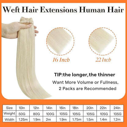 Full Shine Sew In Hair Extensions Weft Hair Extensions Human Hair Remy Hair Sew In Extensions Color White Blonde Human Hair Bundles 12 Inch 80G Machine Tied Weft Human Hair
