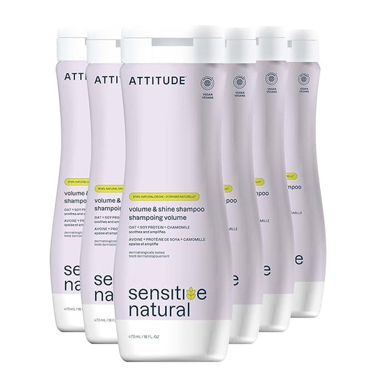 ATTITUDE Hair Shampoo for Sensitive Dry Scalp, EWG Verified, Soothing Oat, For Thin Hair, Naturally Derived Ingredients, Vegan and Plant-Based, Volume and Shine, Chamomile, 16 Fl Oz (Pack of 6)