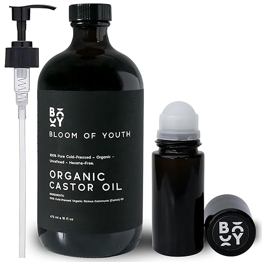 Cold Pressed Organic Castor Oil Glass Bottle 16oz | With Empty 50ml European Glass Roller Bottle For Mess Free Application | For Hair Growth, Skincare, Castor Oil Pack, Face, Joints, Carrier oil, Body