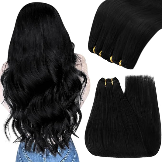 YoungSee 100G Weft Hair Extensions Black Human Hair Weft Extensions Jet Black Sew in Hair Extensions Real Human Hair Black Soft and Silky Weft Hair Extensions Human Hair 14Inch
