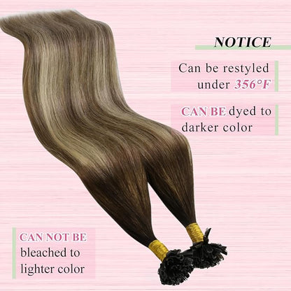 YoungSee Utip Hair Extensions Balayage Keratin Hair Extensions Human Hair U Tip Brown Ombre Blonde with Brown U Tips Natural Human Hair Balayage 20In Hot Fusion Hair Extensions for Wedding 50s/50g