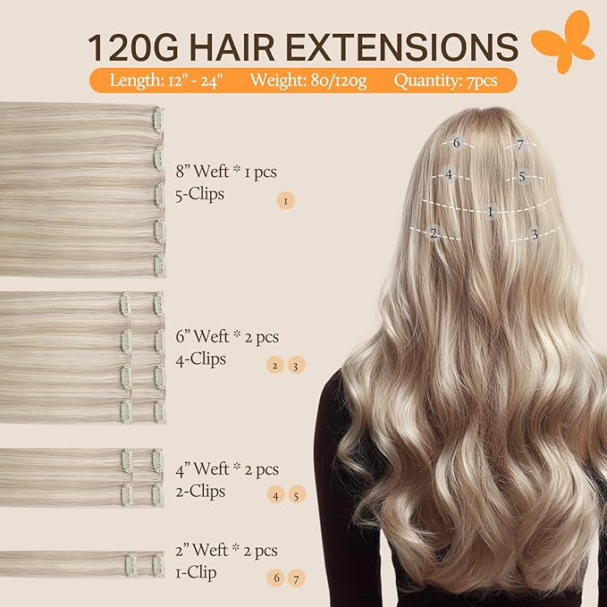DOORES Clip in Hair Extensions Real Human Hair, Soft Honey Blonde Highlight Platinum Blonde 18 Inch 120g 7pcs, Remy Extensions Clip ins Silky Straight Thick Weft