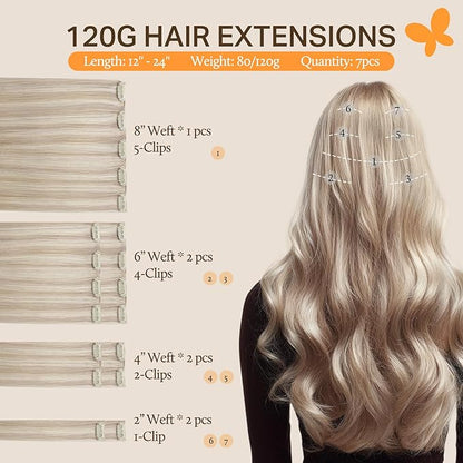 DOORES Clip in Hair Extensions Real Human Hair, Soft Honey Blonde Highlight Platinum Blonde 18 Inch 120g 7pcs, Remy Extensions Clip ins Silky Straight Thick Weft