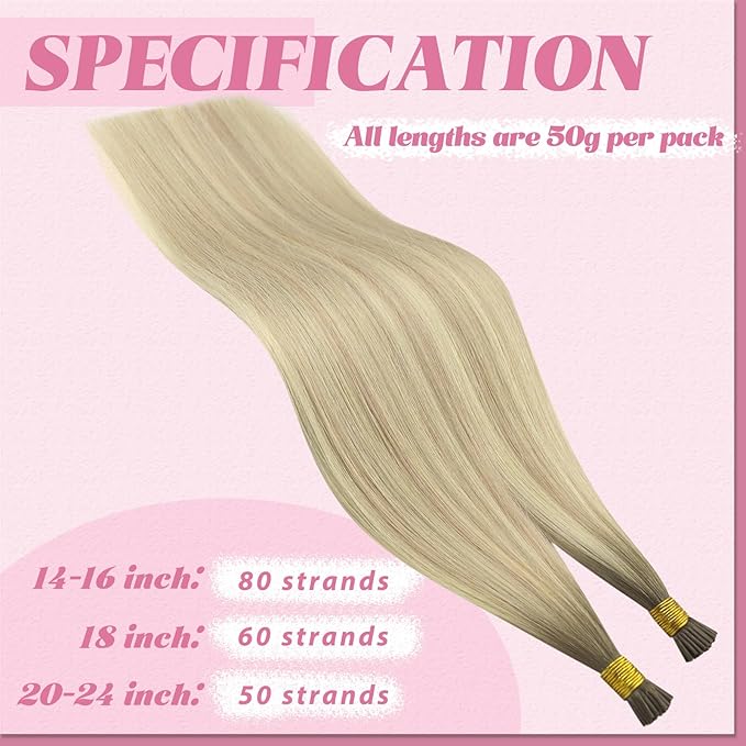 YoungSee Itip Human Hair Extensions Ombre Itips Hair Extensions Human Hair Balayage Blonde with Platinum Blonde Tip Extensions 22In 50g 50s Invisible Hair Extension I Tip Non Damaging Hair Extension