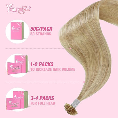 YoungSee K Tip Hair Extensions Human Hair Blonde Highlight Ktip Human Hair Extensions Golden Blonde Highlight 16inch 50s/50g