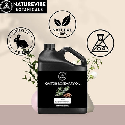 Naturevibe Botanicals Castor Rosemary Oil 32 Ounces | 100% Pure and Natural | Great for Skin Care and Hair Care