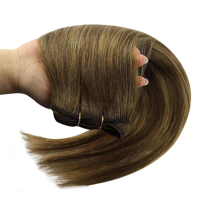Full Shine Sew In Hair Extensions Real Human Hair Weft Hair Extensions Human Hair Color Brown To Blonde Mix Brown Manchine Tied Weft Human Hair Extensions Silky Hair Short Hair Extensions 14 Inch 100G