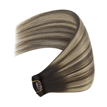 YoungSee 150G Clip in Hair Extensions Real Human Hair Brown Balayage Hair Extensions Clip ins Chocolate Brown with Ash Blonde Balayage Silky Clip on Hair Extensions Human Hair 24inch 7pcs