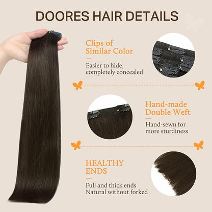 DOORES Human Hair Extensions Clip in, Dark Brown 135g 7pcs 16 Inch, Thick Real Human Hair Extensions Clip ins Remy Natural Straight