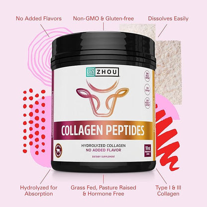Zhou Collagen Peptides - Pure Hydrolized Collagen Powder for Women & Men, Grass Fed Natural Bovine Collagen for Skin, Hair Growth, Joints & Bones - 18 oz Jar (46 Servings)