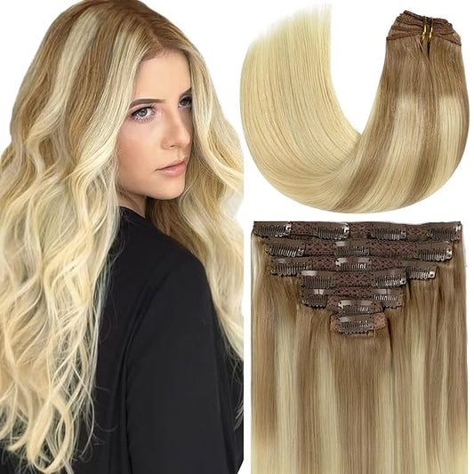 Loxxy Clip in Hair Extensions Remy Human Hair Lace Double Weft Natural Hair Extensions Ombre B#8/60 Light Brown Fading to Platinum Blonde 7pcs with 16 Clips 120g 16 Inch
