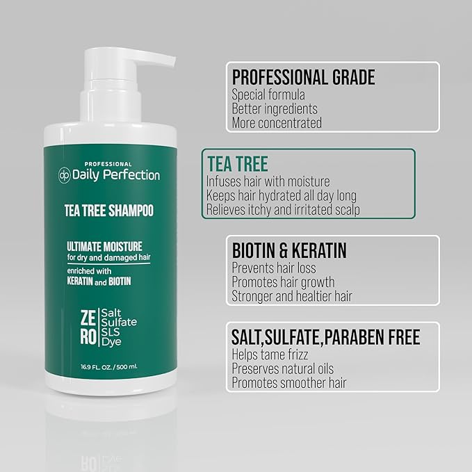(dp) Tea Tree Shampoo – Hydrate & Soothe Dry Scalp and Hair – Clean + Salon-Grade Formula with Biotin & Keratin