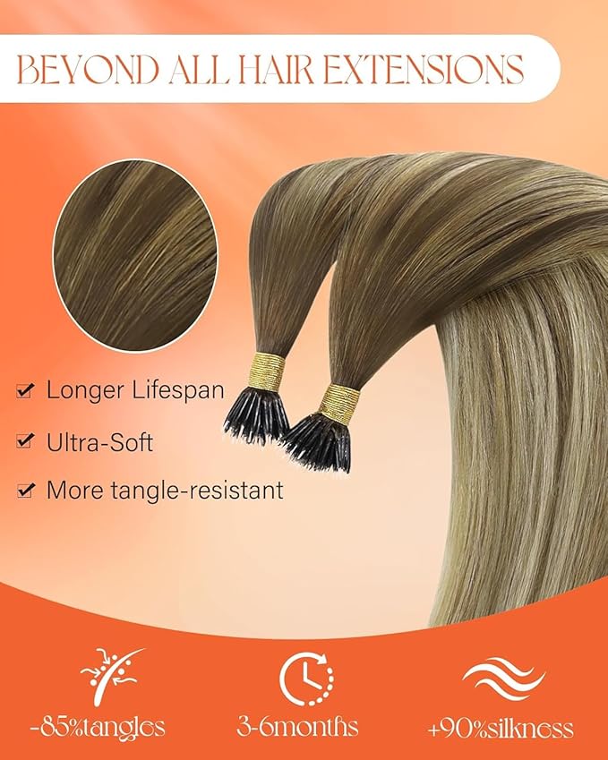 Sunny Hair Nano Bead Hair Extensions Human Hair Invisible Nano Extensions Human Hair Balayage Medium Brown to Platinum Blonde Nano Tip Hair Extensions Real Human Hair 22inch 50g