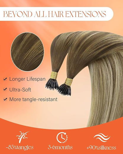 Sunny Hair Nano Bead Hair Extensions Human Hair Invisible Nano Extensions Human Hair Balayage Medium Brown to Platinum Blonde Nano Tip Hair Extensions Real Human Hair 22inch 50g