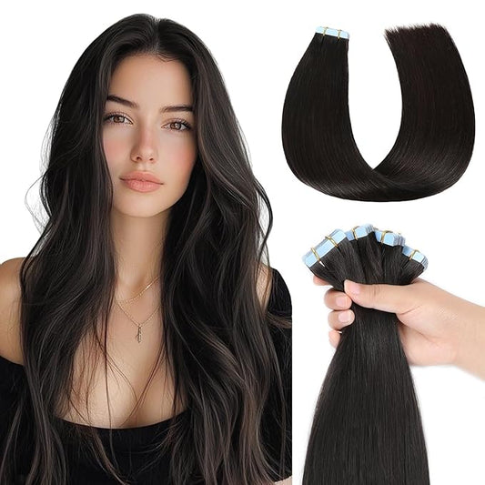 Missme Tape in Hair Extensions Human Hair 14 inch 20 Pcs 40g #1B Natural Black Tape ins Human Hair Extensions Remy Hair Skin Weft Seamless Invisible Silky Straight Thick Ends Add Length
