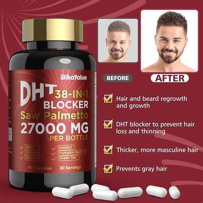 Saw Palmetto for Men, DHT Blocker for Men with 10000 mcg Biotin and 900 mg Saw Palmetto Per Servings, Proprietary Hair Healthy Herbal Blend, Supports Men's Health - 30 Servings