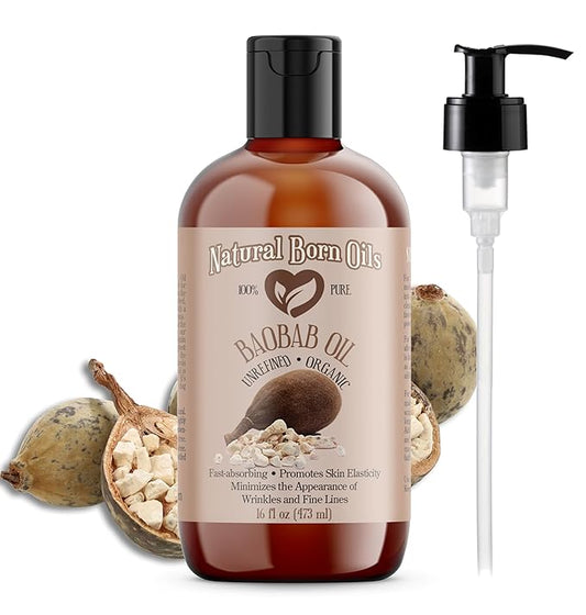 Natural Born Oils Baobab Oil, 16oz, Organic, Cold-Pressed, Nutrient-Dense, Deep Moisturizing for Skin, Hair Revitalizer