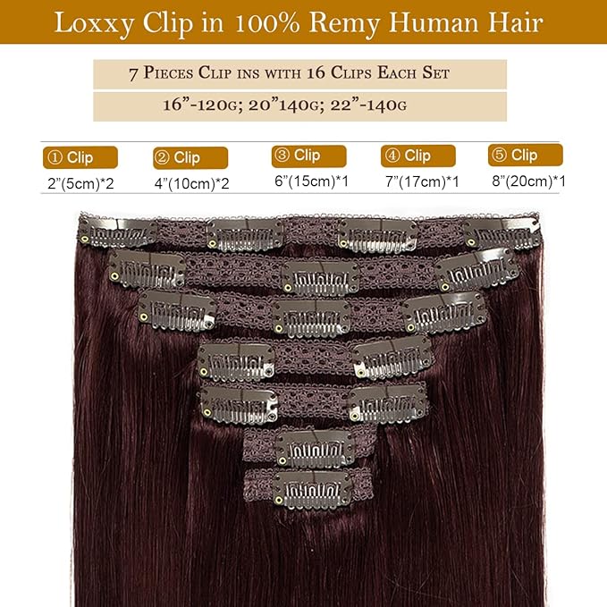 Loxxy Hair Extensions Seamless Clip in Human Hair 9A Grade Brazilian Human Hair Extension Silky Straight Natural Hair Extensions Clip in Full Head Human Hair Red Wine #99J 7pcs 16 Clips 16Inch 120G