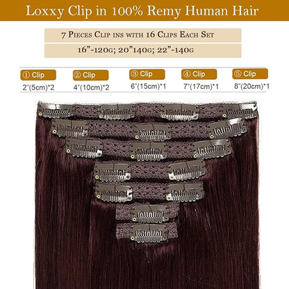 Loxxy 20Inch Seamless Clip In Human Hair Extensions 9A Grade Remy Human Hair Red Wine Color #99J Double Weft Silky Straight Natura Human Hair Thick Silky Straight Hair 7pcs 140 Gram