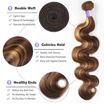 4/27 Body Wave Bundles Honey Blonde Human Hair Bundles Ombre Highlight 24 26 28 30 Inches Silky and Soft Hair Weft Brazilian Virgin Remy Hair Weave Piano Color for Black Women