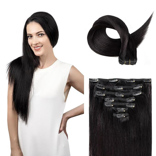 Clip in Hair Extensions Real Human Hair, Remy Hair Clip in Extensions Human Hair, Natural Black 100% Human Hair Extensions for Women #1B 22Inch 120G 7PCS