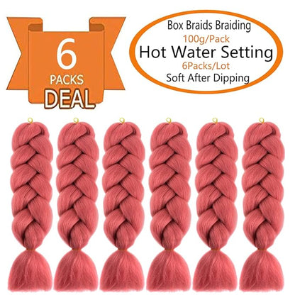 6 Packs Ombre Jumbo Braiding Hair Extensions 24 Inch High Temperature Synthetic Fiber Hair Extensions for Box Braids Braiding Hair (Rouge Pink)