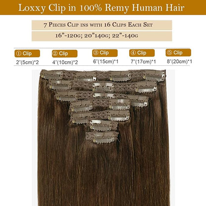 Loxxy Human Hair Extensions Clip in Chocolate Brown Real Human Hair Extensions 120g 7 Pieces Silky Straight Weft Full Head Clip in Remy Human Hair #4 14 Inch